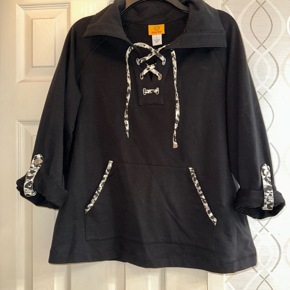 Black Lace-Up Pullover with Animal Print Accents